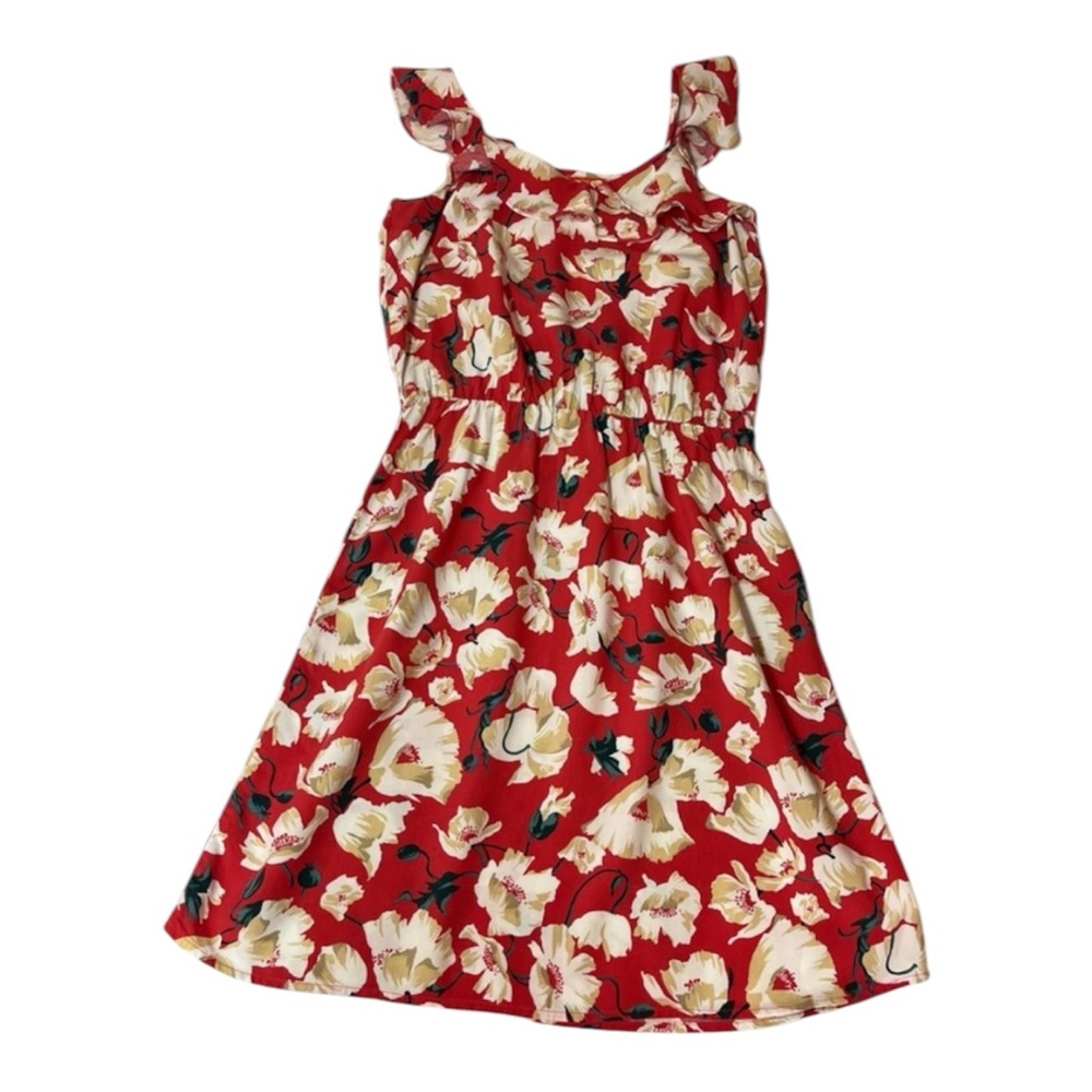 2/$20 -Red & Cream Floral Ruffled Casual Summer Dress / Resort Wear / XS
